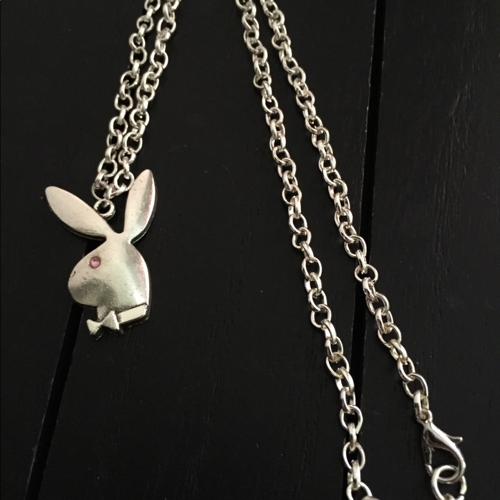 Shiny Silver Necklace with Playboy(Glass pink eye)